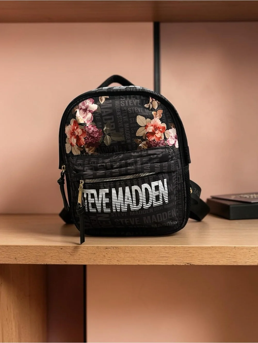 Steve Madden Black Floral Logo Mini Backpack Pink Cream Blooms New With Tags